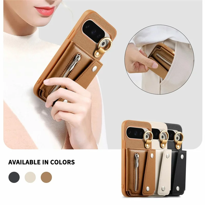 Custodia con supporto per portafoglio per Google Pixel 10 Pro / 10 / 9 Pro / 9 Supporto ad anello D in pelle + PC + TPU - Marrone