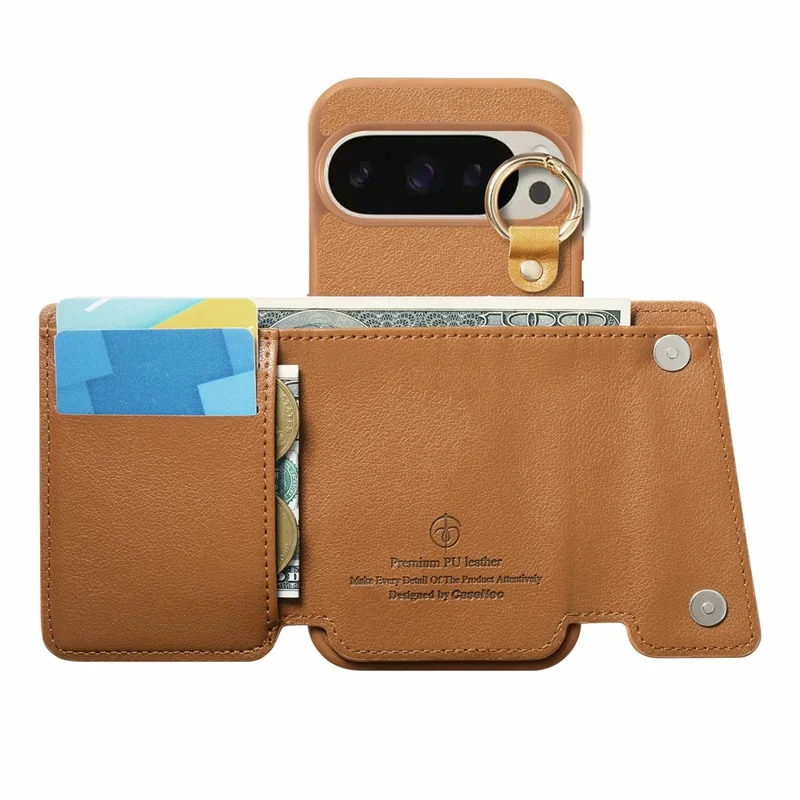 Custodia con supporto per portafoglio per Google Pixel 10 Pro / 10 / 9 Pro / 9 Supporto ad anello D in pelle + PC + TPU - Marrone