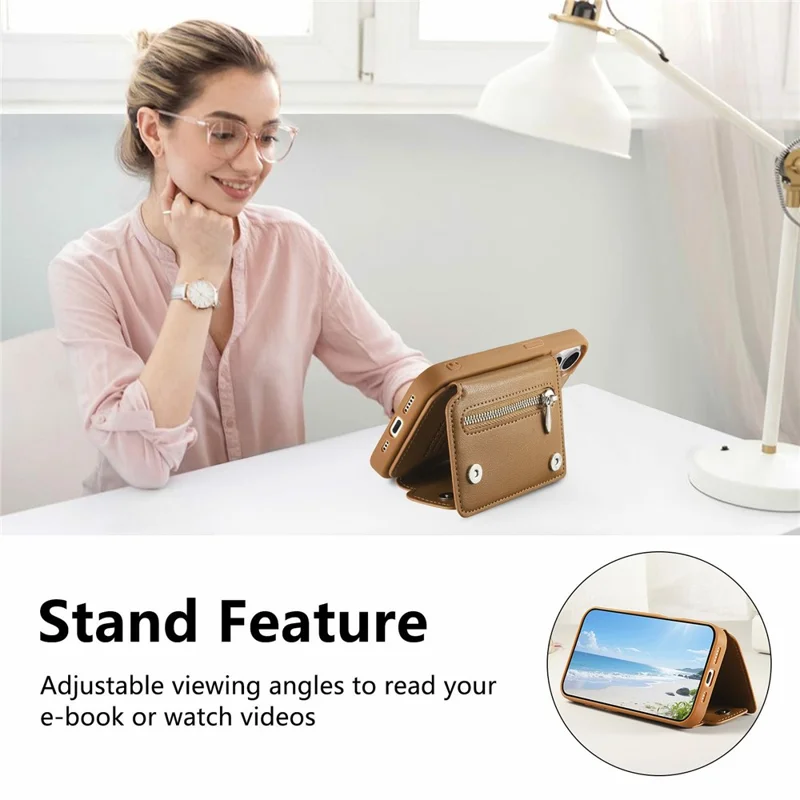 Custodia con supporto per portafoglio per Google Pixel 10 Pro / 10 / 9 Pro / 9 Supporto ad anello D in pelle + PC + TPU - Marrone