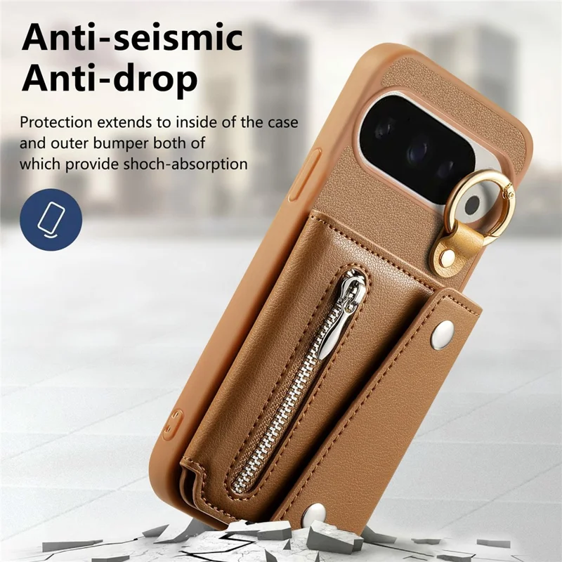 Custodia con supporto per portafoglio per Google Pixel 10 Pro / 10 / 9 Pro / 9 Supporto ad anello D in pelle + PC + TPU - Marrone