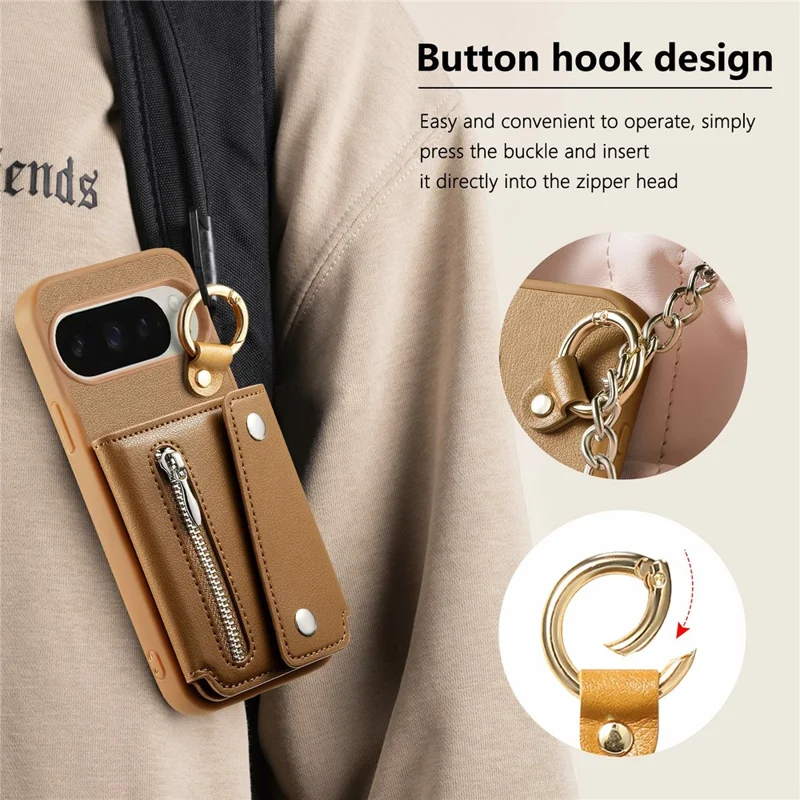 For Google Pixel 10 Pro XL / 9 Pro XL Case D-Ring Holder Leather + PC + TPU Phone Cover with Wallet Kickstand - Brown