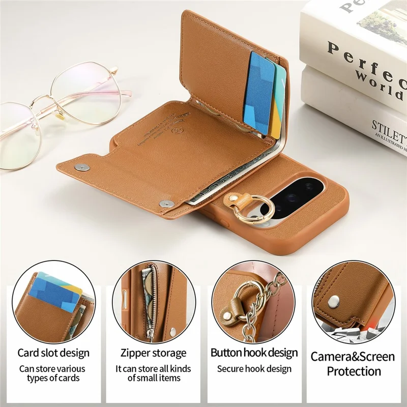 For Google Pixel 10 Pro XL / 9 Pro XL Case D-Ring Holder Leather + PC + TPU Phone Cover with Wallet Kickstand - Brown