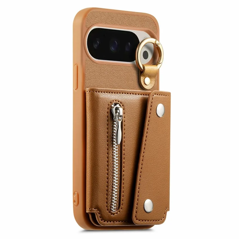 For Google Pixel 10 Pro XL / 9 Pro XL Case D-Ring Holder Leather + PC + TPU Phone Cover with Wallet Kickstand - Brown