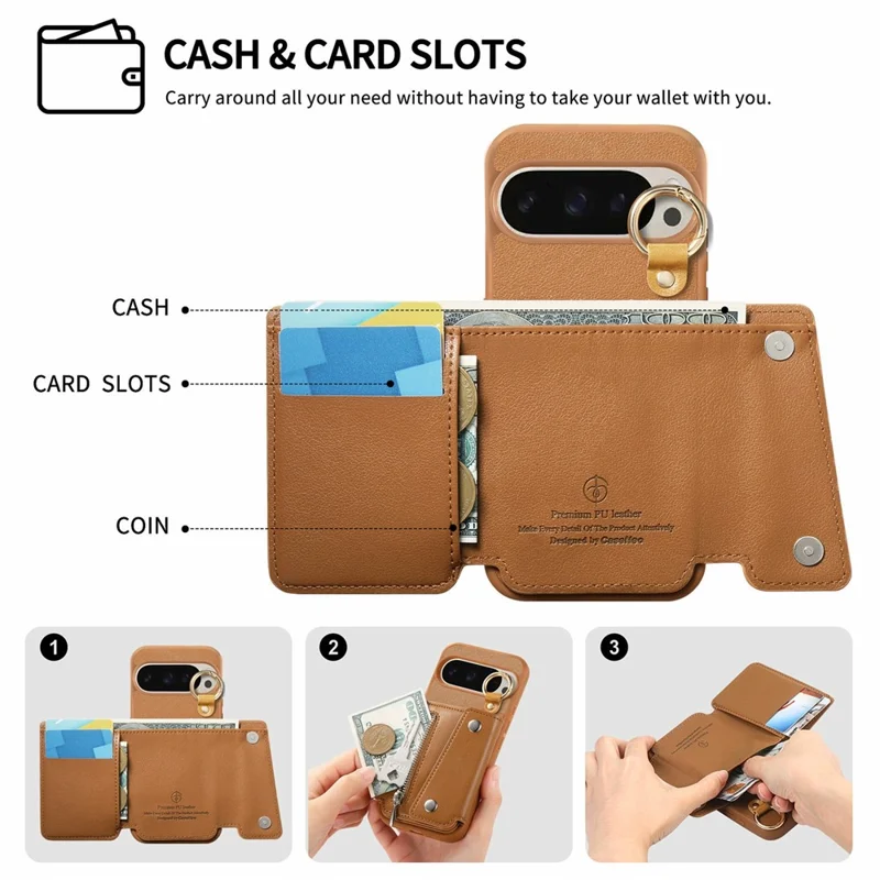 For Google Pixel 10 Pro XL / 9 Pro XL Case D-Ring Holder Leather + PC + TPU Phone Cover with Wallet Kickstand - Brown