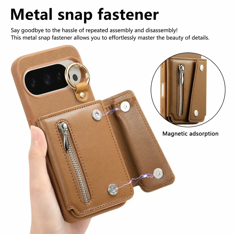 For Google Pixel 10 Pro XL / 9 Pro XL Case D-Ring Holder Leather + PC + TPU Phone Cover with Wallet Kickstand - Brown