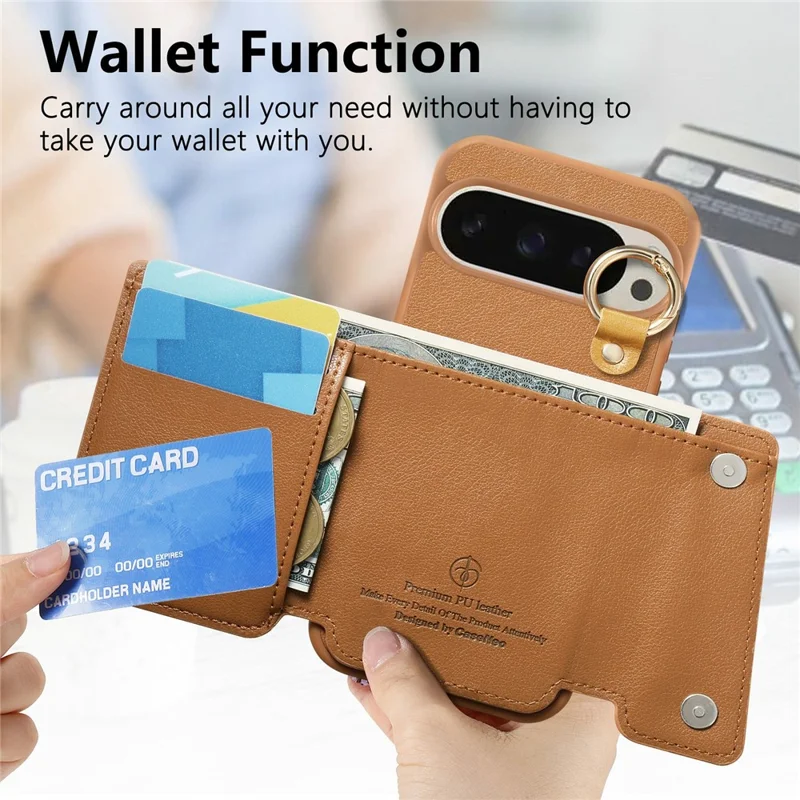 For Google Pixel 10 Pro XL / 9 Pro XL Case D-Ring Holder Leather + PC + TPU Phone Cover with Wallet Kickstand - Brown