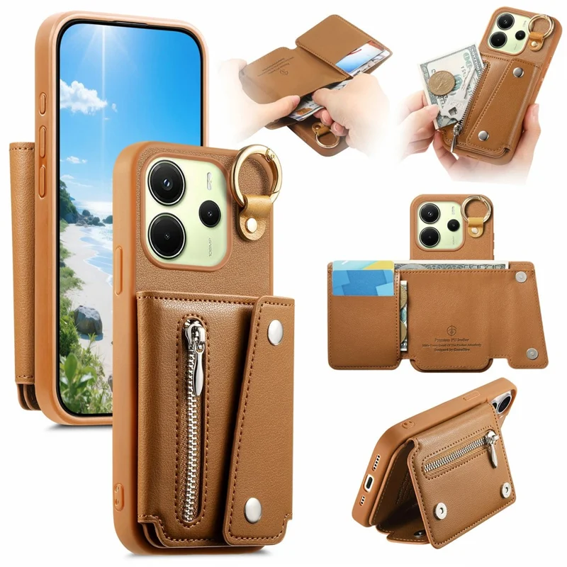 Für Xiaomi Redmi Note 14 4G (163,25 mm) Hülle D-Ring-Halter Leder + PC + TPU Handyhülle mit Geldbörse Ständer - Braun