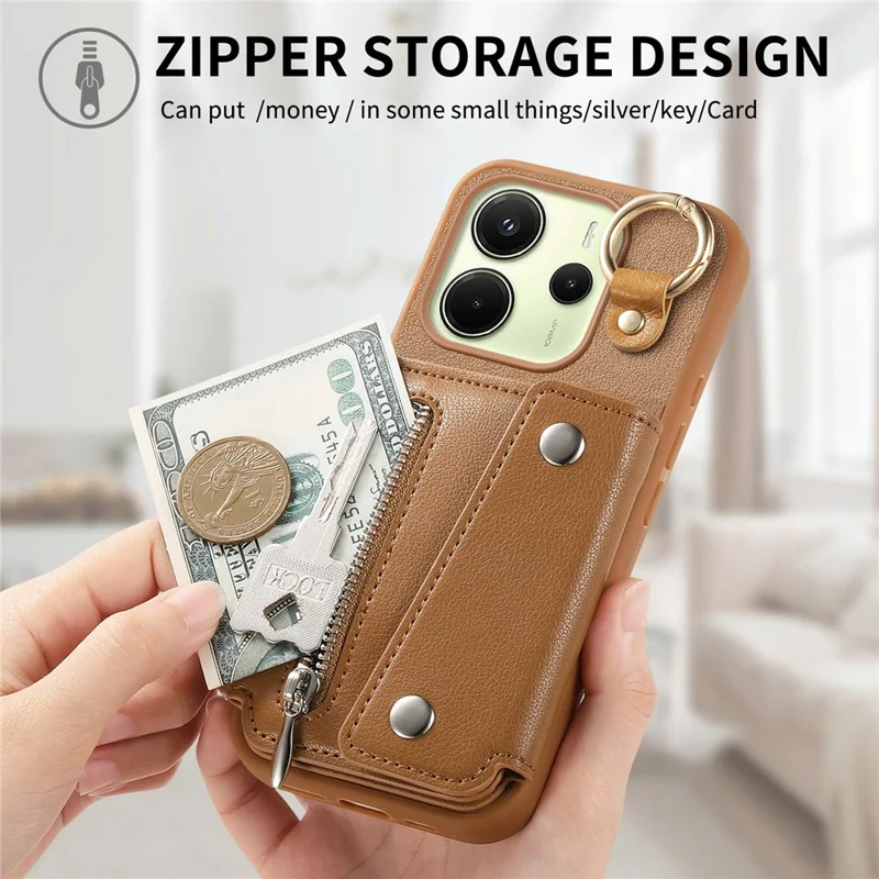 Für Xiaomi Redmi Note 14 4G (163,25 mm) Hülle D-Ring-Halter Leder + PC + TPU Handyhülle mit Geldbörse Ständer - Braun