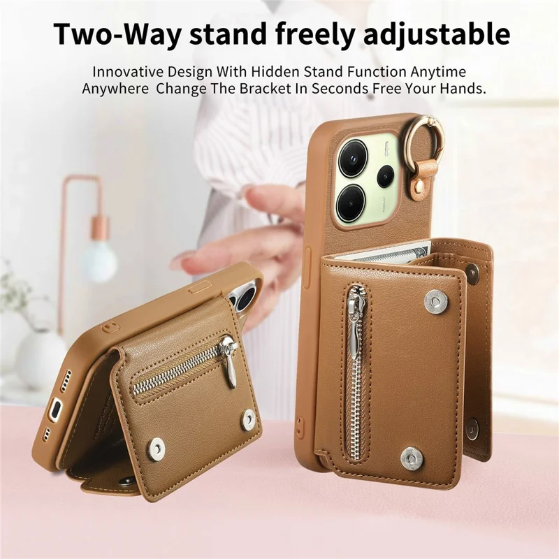 Für Xiaomi Redmi Note 14 4G (163,25 mm) Hülle D-Ring-Halter Leder + PC + TPU Handyhülle mit Geldbörse Ständer - Braun