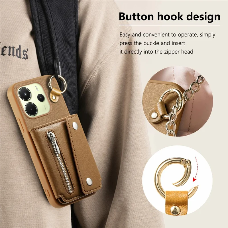 Für Xiaomi Redmi Note 14 4G (163,25 mm) Hülle D-Ring-Halter Leder + PC + TPU Handyhülle mit Geldbörse Ständer - Braun