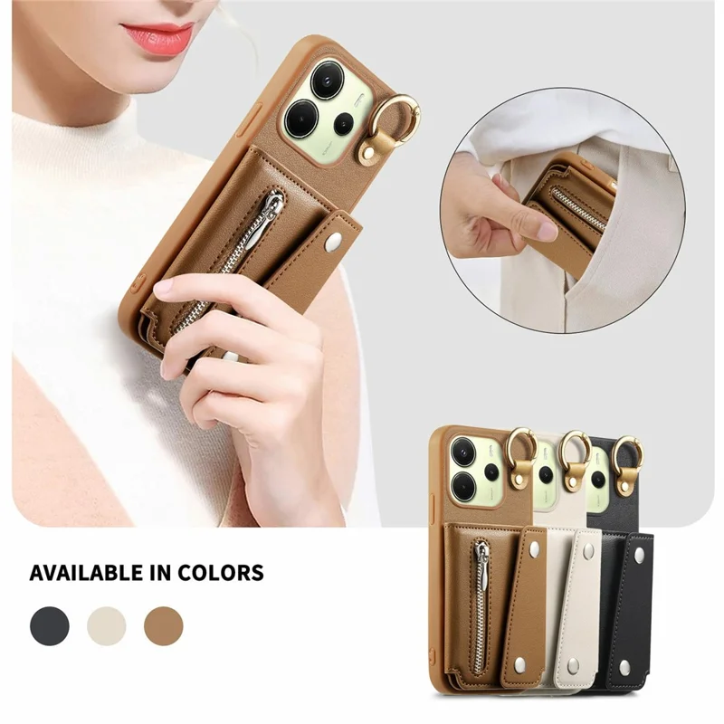 Für Xiaomi Redmi Note 14 4G (163,25 mm) Hülle D-Ring-Halter Leder + PC + TPU Handyhülle mit Geldbörse Ständer - Braun