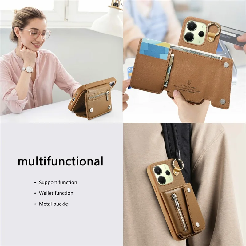 Für Xiaomi Redmi Note 14 4G (163,25 mm) Hülle D-Ring-Halter Leder + PC + TPU Handyhülle mit Geldbörse Ständer - Braun