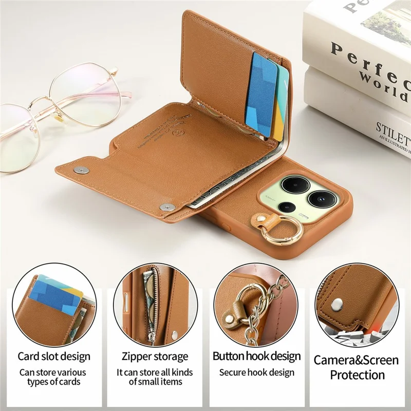 Für Xiaomi Redmi Note 14 4G (163,25 mm) Hülle D-Ring-Halter Leder + PC + TPU Handyhülle mit Geldbörse Ständer - Braun
