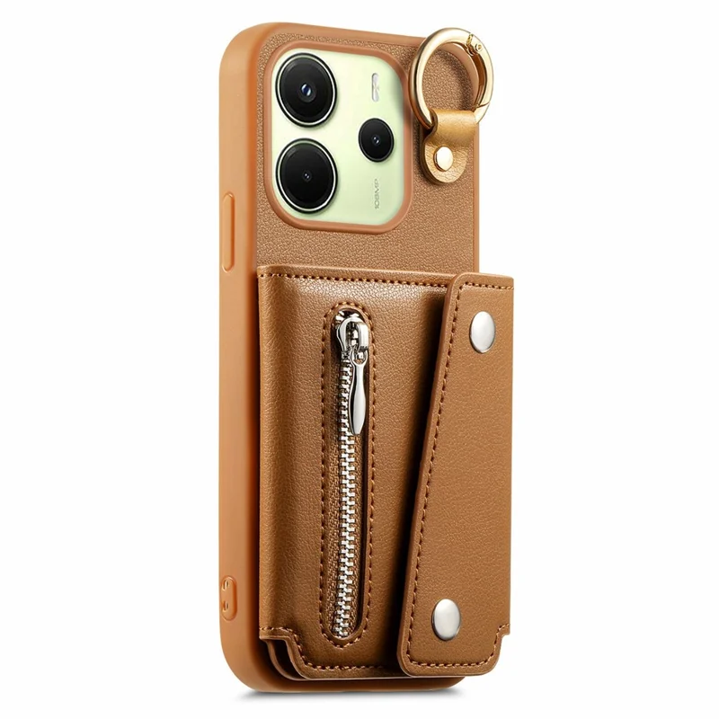 Für Xiaomi Redmi Note 14 4G (163,25 mm) Hülle D-Ring-Halter Leder + PC + TPU Handyhülle mit Geldbörse Ständer - Braun