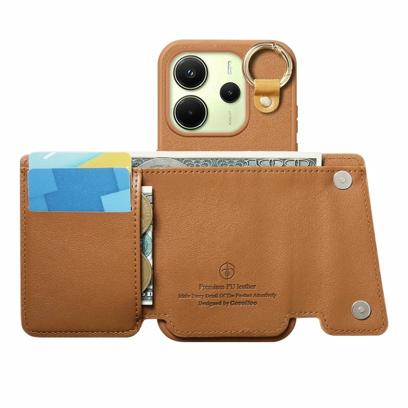 Für Xiaomi Redmi Note 14 4G (163,25 mm) Hülle D-Ring-Halter Leder + PC + TPU Handyhülle mit Geldbörse Ständer - Braun