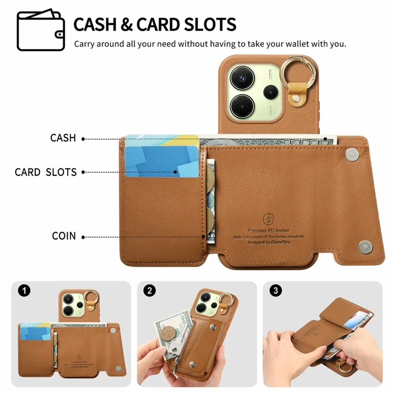 Für Xiaomi Redmi Note 14 4G (163,25 mm) Hülle D-Ring-Halter Leder + PC + TPU Handyhülle mit Geldbörse Ständer - Braun