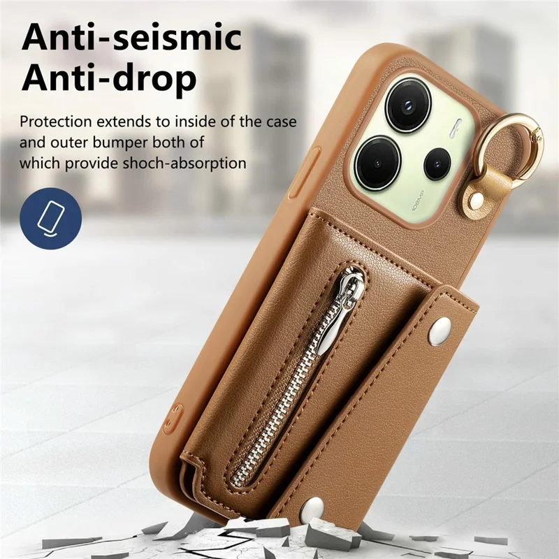 Für Xiaomi Redmi Note 14 4G (163,25 mm) Hülle D-Ring-Halter Leder + PC + TPU Handyhülle mit Geldbörse Ständer - Braun