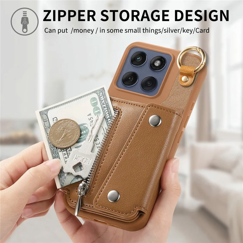 Motorola Edge 60 Fusion 5G Hülle D-Ring Halter Leder + PC + TPU Handyhülle mit Geldbörse Ständer - Braun