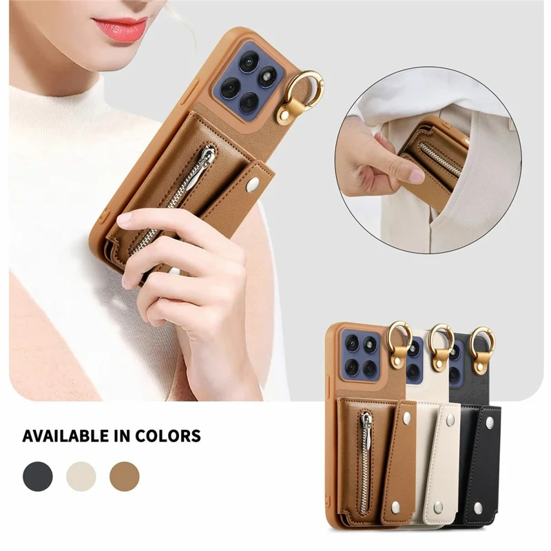 Motorola Edge 60 Fusion 5G Hülle D-Ring Halter Leder + PC + TPU Handyhülle mit Geldbörse Ständer - Braun