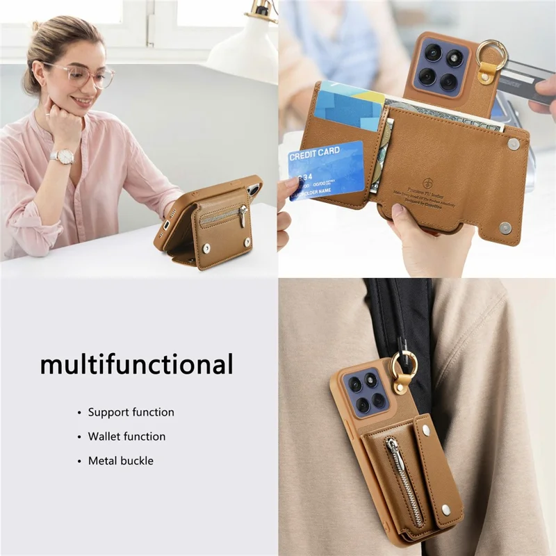 Motorola Edge 60 Fusion 5G Hülle D-Ring Halter Leder + PC + TPU Handyhülle mit Geldbörse Ständer - Braun