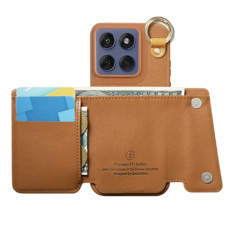 Motorola Edge 60 Fusion 5G Hülle D-Ring Halter Leder + PC + TPU Handyhülle mit Geldbörse Ständer - Braun