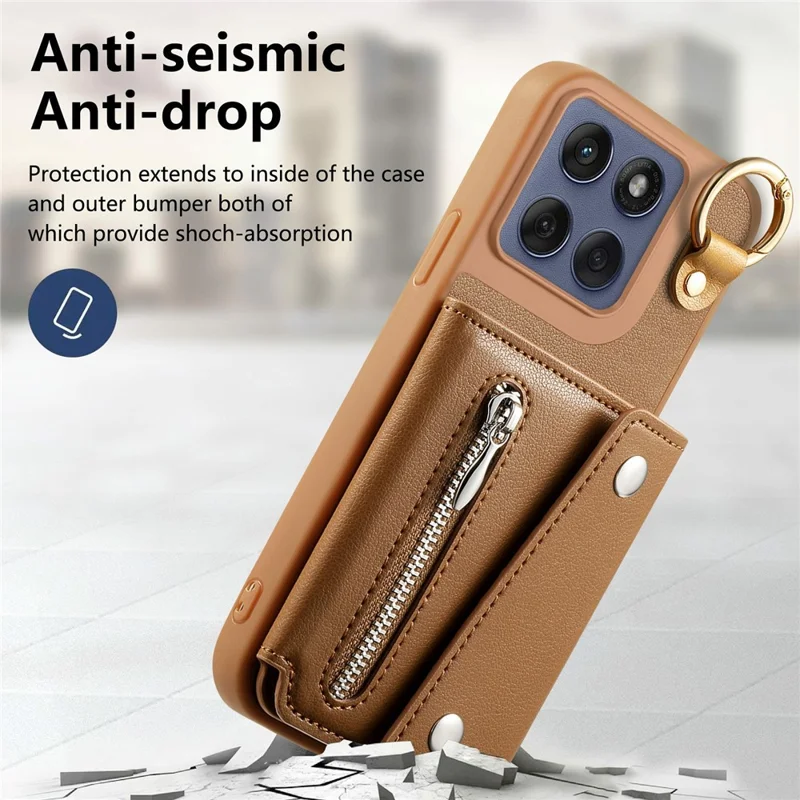 Motorola Edge 60 Fusion 5G Hülle D-Ring Halter Leder + PC + TPU Handyhülle mit Geldbörse Ständer - Braun