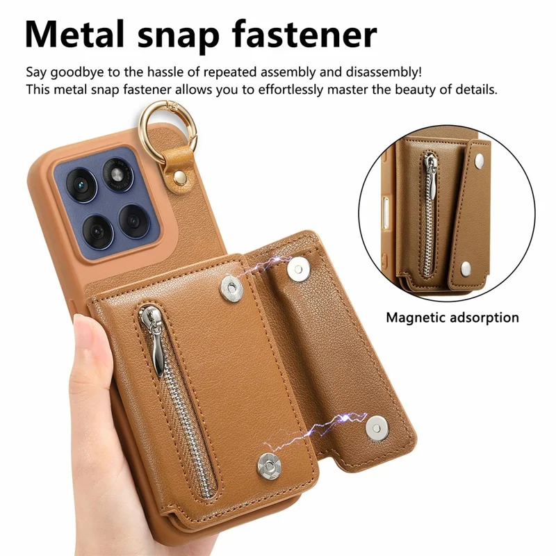 Motorola Edge 60 Fusion 5G Hülle D-Ring Halter Leder + PC + TPU Handyhülle mit Geldbörse Ständer - Braun