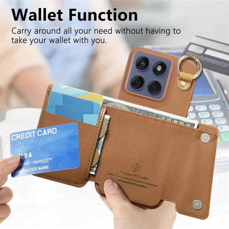 Motorola Edge 60 Fusion 5G Hülle D-Ring Halter Leder + PC + TPU Handyhülle mit Geldbörse Ständer - Braun