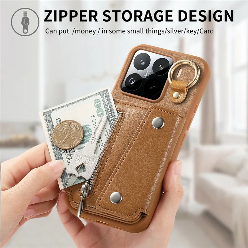 Custodia Xiaomi 15 Pro D-Ring Holder in Pelle + PC + TPU con Portafoglio e Supporto - Marrone