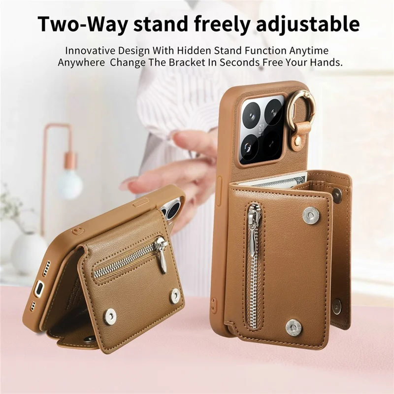 Custodia Xiaomi 15 Pro D-Ring Holder in Pelle + PC + TPU con Portafoglio e Supporto - Marrone