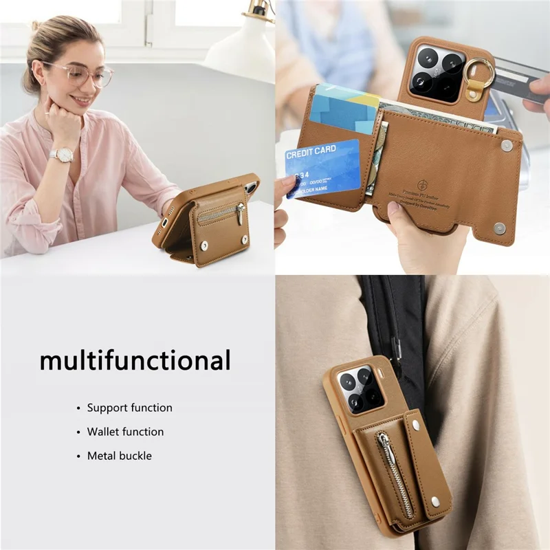 Custodia Xiaomi 15 Pro D-Ring Holder in Pelle + PC + TPU con Portafoglio e Supporto - Marrone