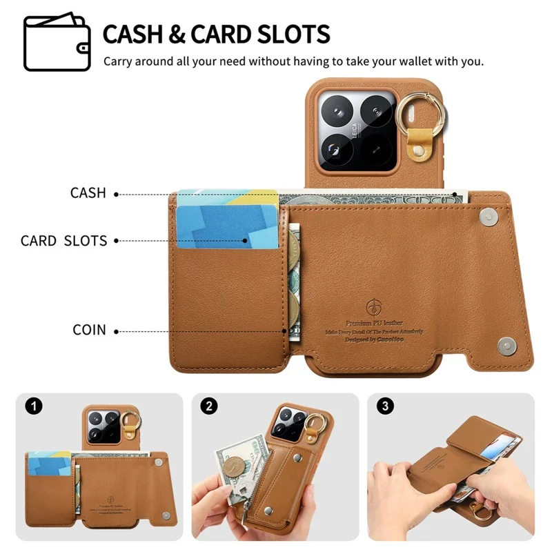 Custodia Xiaomi 15 Pro D-Ring Holder in Pelle + PC + TPU con Portafoglio e Supporto - Marrone