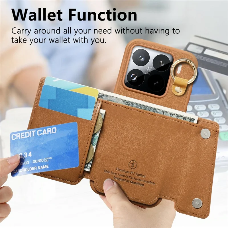 Custodia Xiaomi 15 Pro D-Ring Holder in Pelle + PC + TPU con Portafoglio e Supporto - Marrone