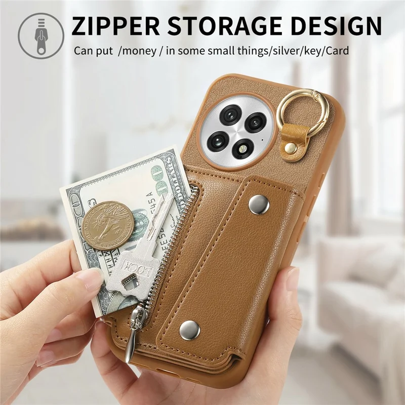 Til OnePlus 13 Taske med D-ring Holder Læder + PC + TPU Telefonbeskyttelse med Wallet og Støtteben - Brun