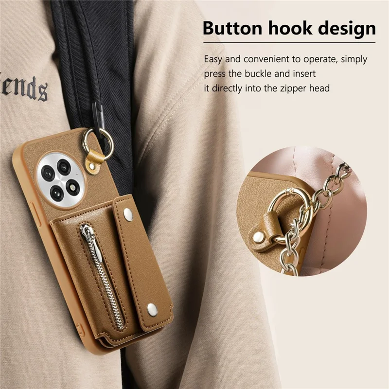 Til OnePlus 13 Taske med D-ring Holder Læder + PC + TPU Telefonbeskyttelse med Wallet og Støtteben - Brun