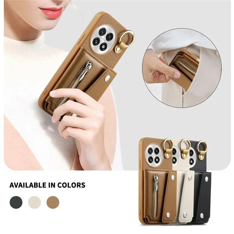 Til OnePlus 13 Taske med D-ring Holder Læder + PC + TPU Telefonbeskyttelse med Wallet og Støtteben - Brun