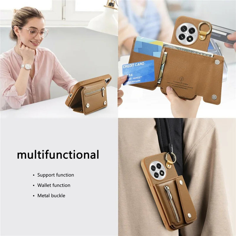 Til OnePlus 13 Taske med D-ring Holder Læder + PC + TPU Telefonbeskyttelse med Wallet og Støtteben - Brun