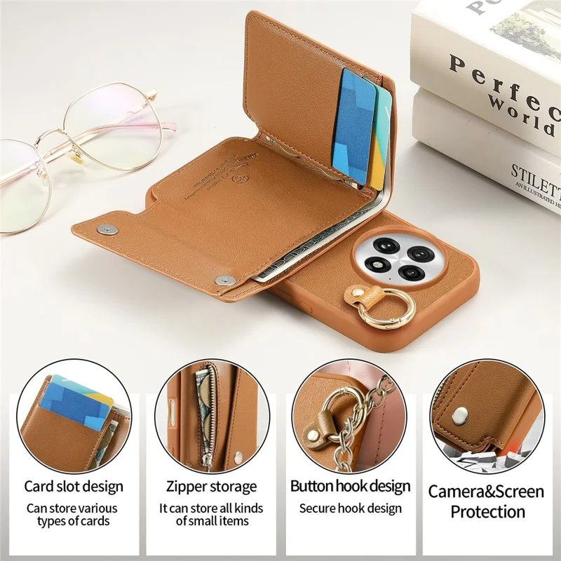 Til OnePlus 13 Taske med D-ring Holder Læder + PC + TPU Telefonbeskyttelse med Wallet og Støtteben - Brun