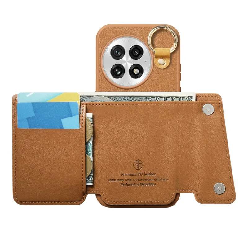 Til OnePlus 13 Taske med D-ring Holder Læder + PC + TPU Telefonbeskyttelse med Wallet og Støtteben - Brun