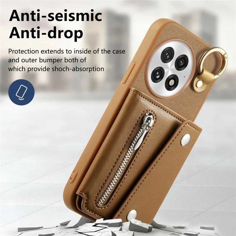 Til OnePlus 13 Taske med D-ring Holder Læder + PC + TPU Telefonbeskyttelse med Wallet og Støtteben - Brun