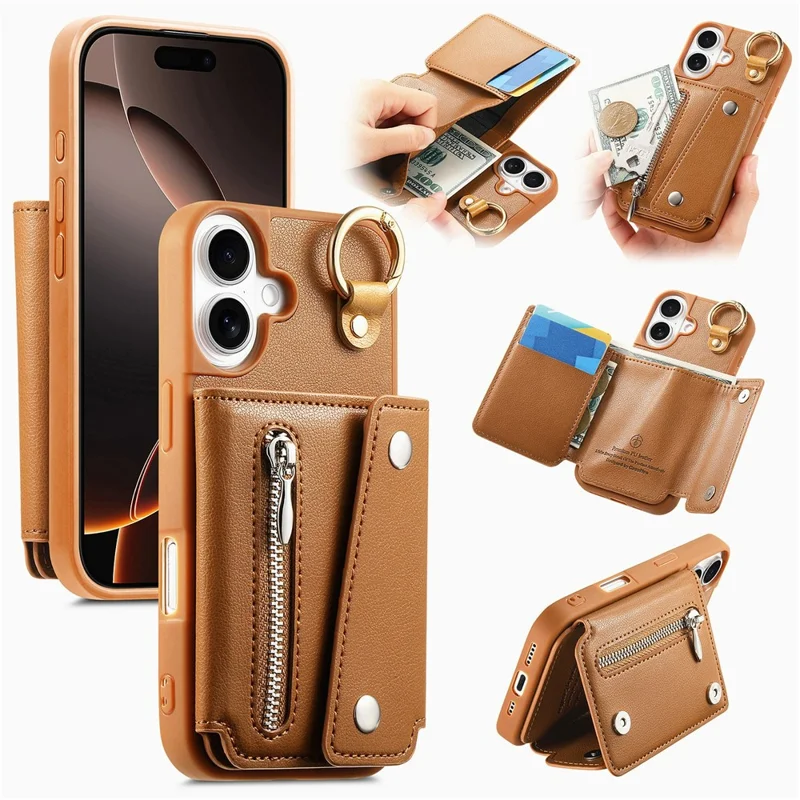 iPhone 16 Hülle D-Ring Halter Leder + PC + TPU Handyhülle mit Geldbörse Ständer - Braun