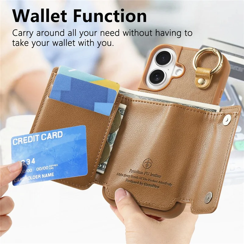 iPhone 16 Hülle D-Ring Halter Leder + PC + TPU Handyhülle mit Geldbörse Ständer - Braun