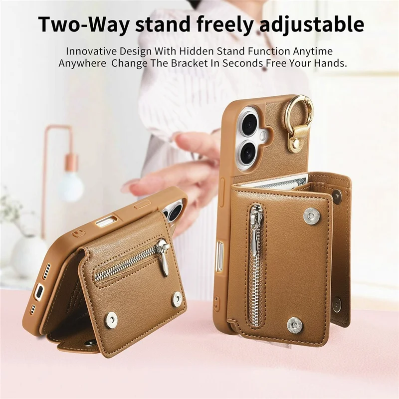 iPhone 16 Hülle D-Ring Halter Leder + PC + TPU Handyhülle mit Geldbörse Ständer - Braun