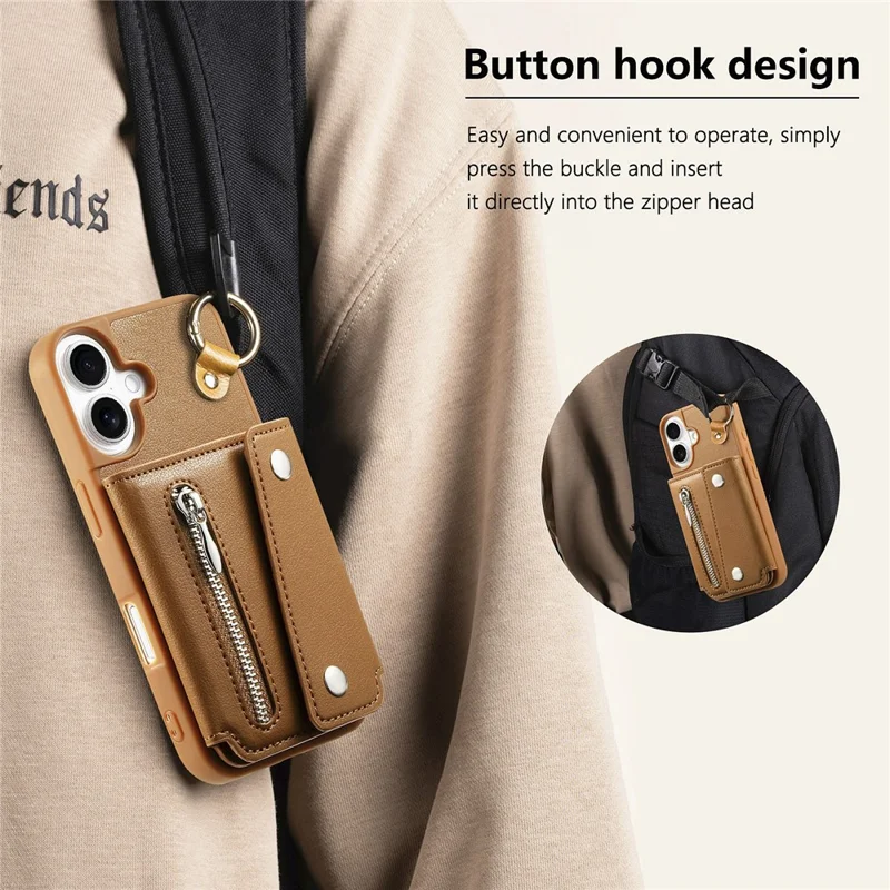 iPhone 16 Hülle D-Ring Halter Leder + PC + TPU Handyhülle mit Geldbörse Ständer - Braun