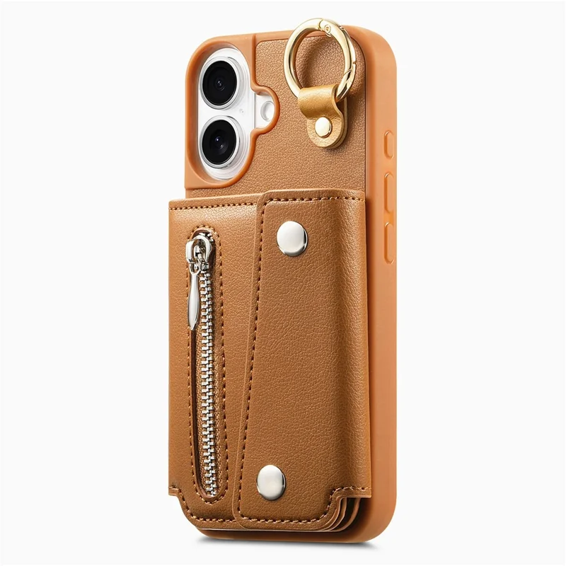 iPhone 16 Hülle D-Ring Halter Leder + PC + TPU Handyhülle mit Geldbörse Ständer - Braun