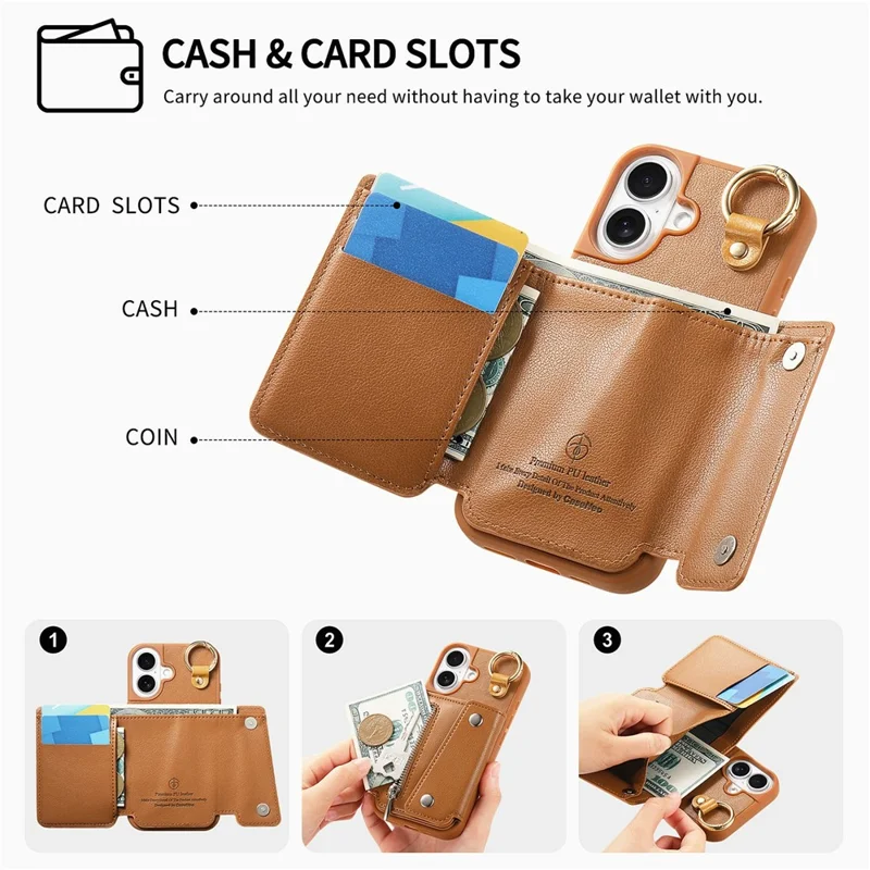 iPhone 16 Hülle D-Ring Halter Leder + PC + TPU Handyhülle mit Geldbörse Ständer - Braun