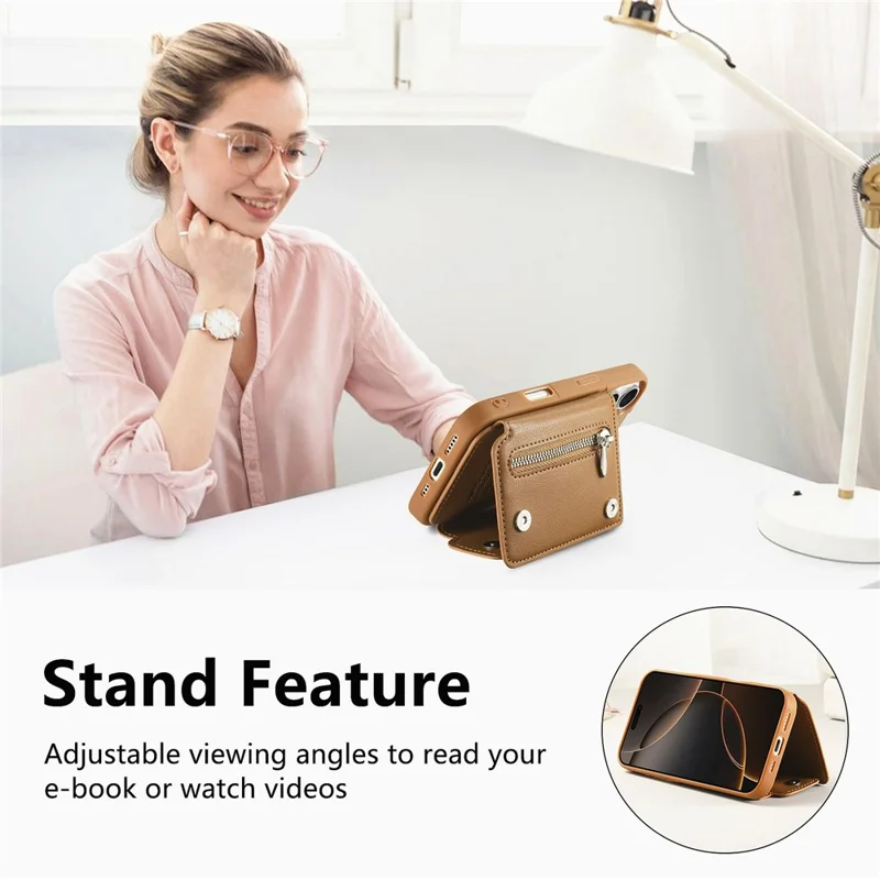 iPhone 16 Hülle D-Ring Halter Leder + PC + TPU Handyhülle mit Geldbörse Ständer - Braun