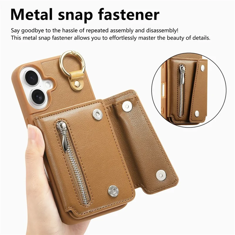 iPhone 16 Hülle D-Ring Halter Leder + PC + TPU Handyhülle mit Geldbörse Ständer - Braun
