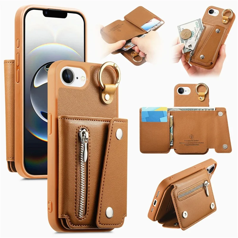 For iPhone 17e / 16e Case D-Ring Holder Leather + PC + TPU Phone Cover with Wallet Kickstand - Brown