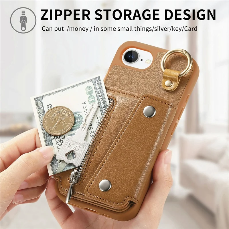 For iPhone 17e / 16e Case D-Ring Holder Leather + PC + TPU Phone Cover with Wallet Kickstand - Brown